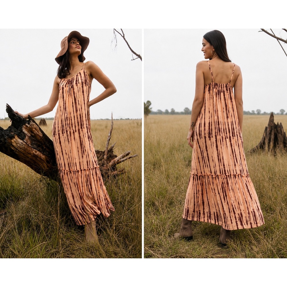 Myra Bag Pippin‎ Maxi Dress Womens Medium Peach Brown Tie Dye Stripe Boho Beach